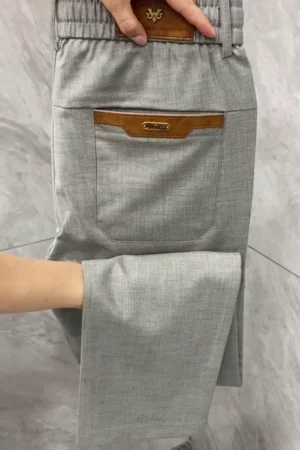Menβs Grey Formal Trousers β Slim Fit Stretch Pants with Leather Accent Pockets β¨